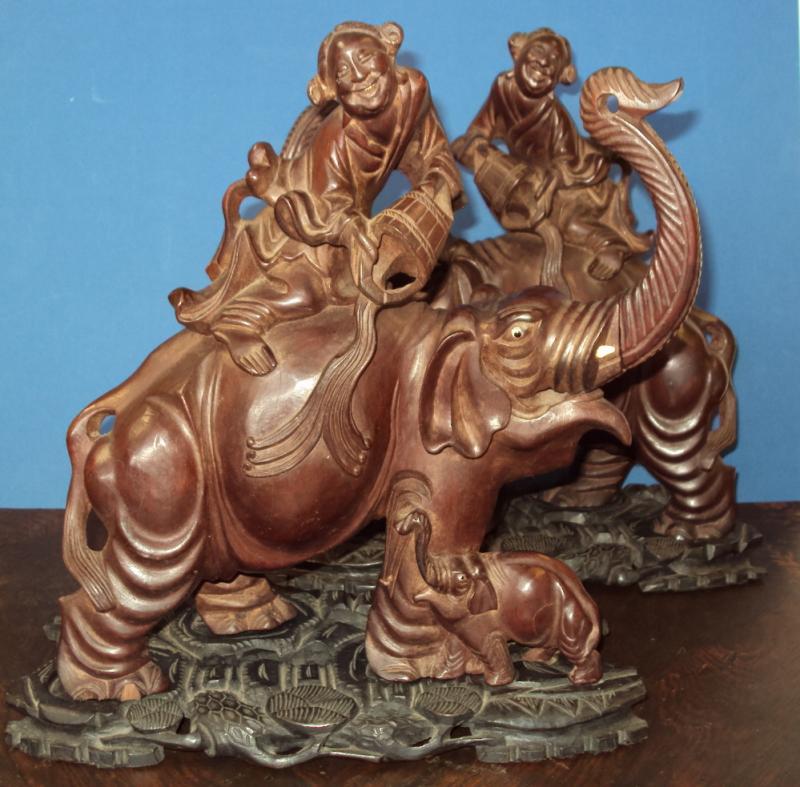 Elephant Riders Carved Rosewood and Ivory